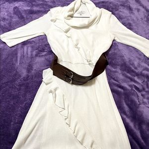 White Ruffle Turtle Neck Dress with Sleeves and Brown Belt